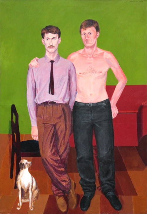 painterinkrakow:Wojciech Ćwiertniewicz, Domestic scene with little dog, 1984, 147x100, acrylic on canvas