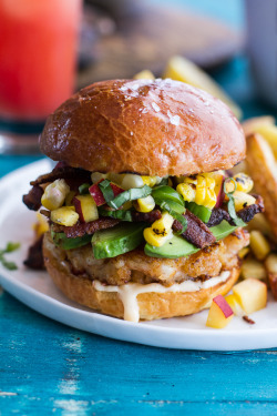 do-not-touch-my-food:  Lobster Burgers with Brown Butter Lemon Aioli, Basil Corn Salsa, Bacon and Avocado