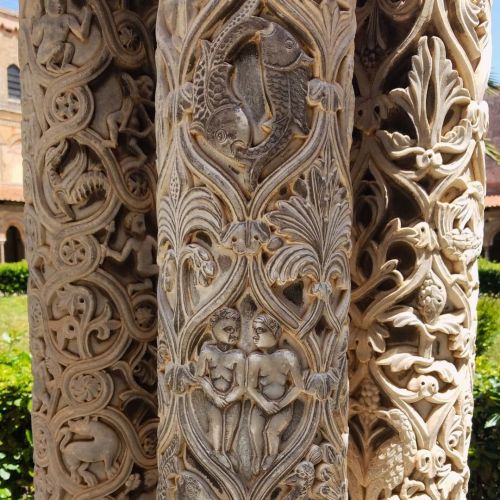 The 228 magnificent columns of the cloister of Montreale Cathedral outside of Palermo each tell a st