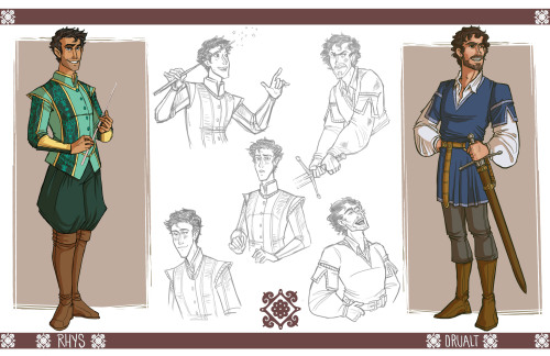 FINAL CHARACTER REVISIONS plus some fun Rhys and Drualt sketches (had way too much fun with those) a