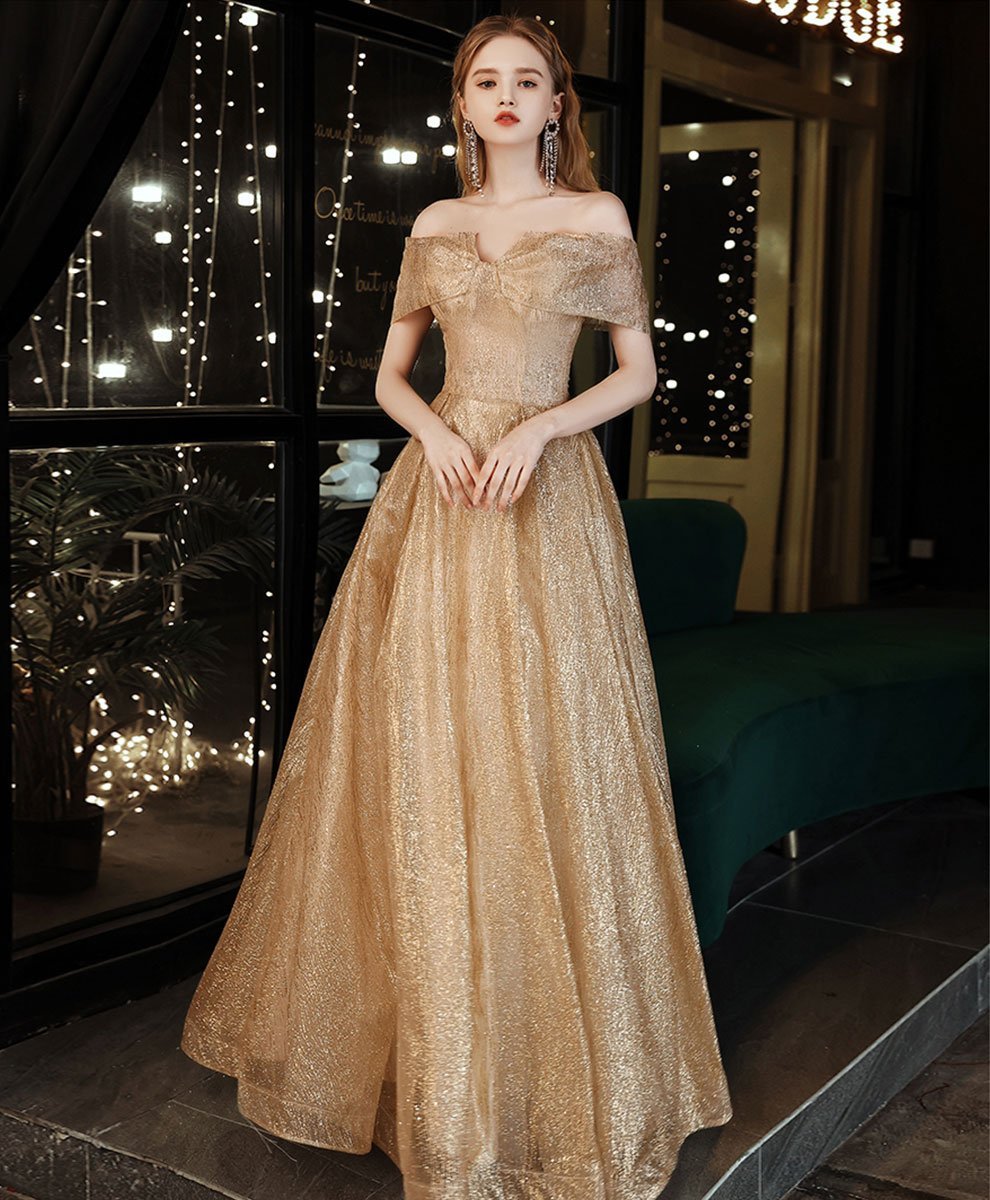 gold tulle sequin long prom dress shop ...