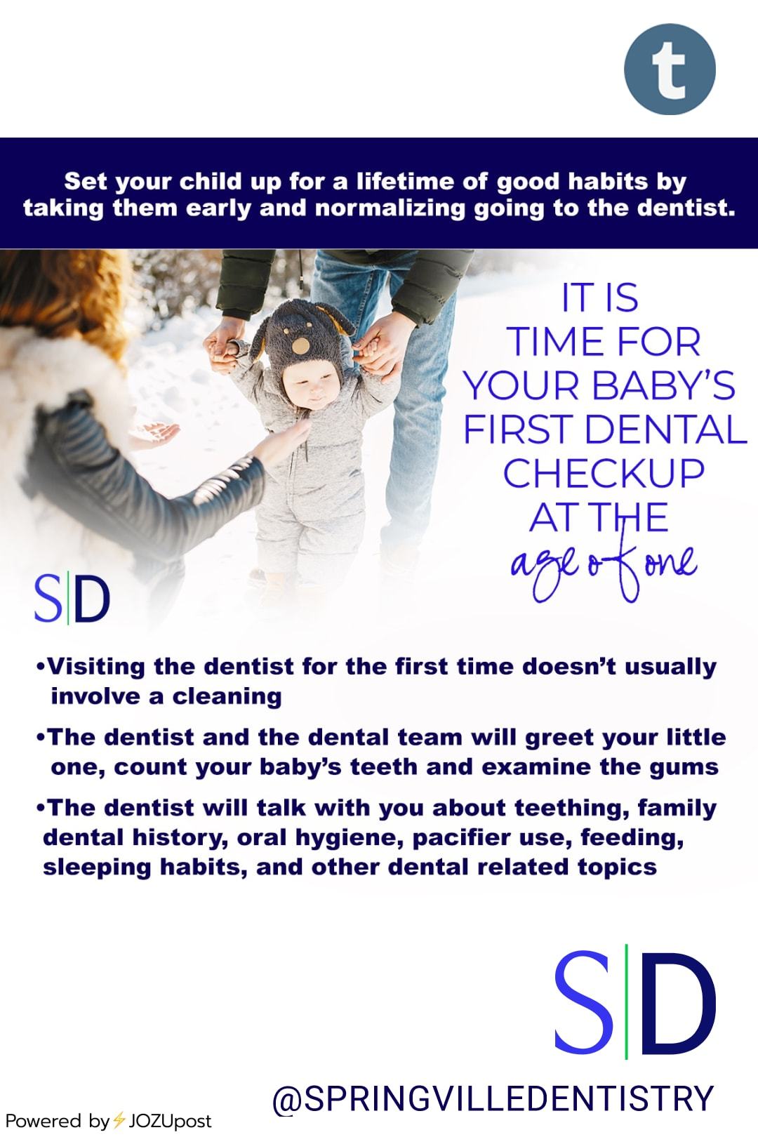 The American Academy of Pediatric Dentistry (AAPD) recommends that a child first goes to a dentist by the age of one or within six months after the first tooth appears.
The first visit often lasts 30 to 45 minutes. Depending on your child’s age, the...