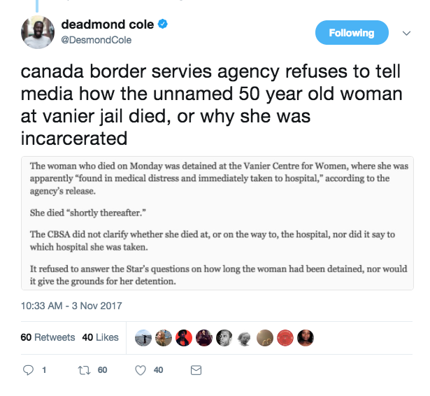 allthecanadianpolitics:  Thread by Desmond Cole on a death of a woman in immigrant