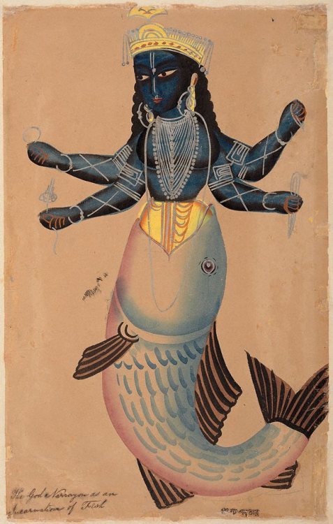 blue-voids:The god Narrayon, as an incarnation of a fish, late 19th century - Kalighat school