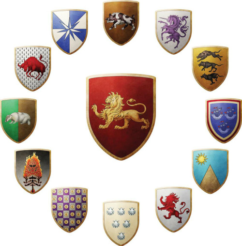 nobodysuspectsthebutterfly:  The World of Ice and Fire - The arms of the Great Houses of Westeros, and some of their vassals and houses of note. Artists: Jennifer Sol Cai, Mogri, Thomas Siagian (Velvet Engine)