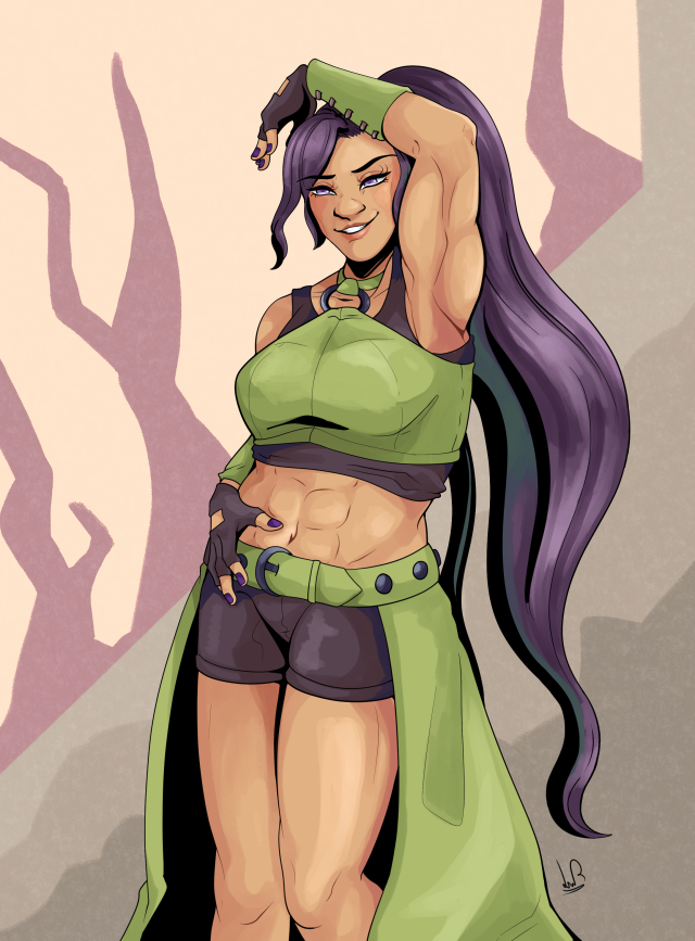 Jade from Dragon Quest 11, a young woman with long, purple hair in a ponytail, light violet eyes, and light skin. She wears a green and black outfit that bares her midriff, most of her legs, and all of her upper arms. Her nails are painted purple. She's grinning, raising one muscular arm above her head, and resting the other on her stomach. The background is simple and pale, showing numerous tree-like shapes in front of a pale yellow backdrop.