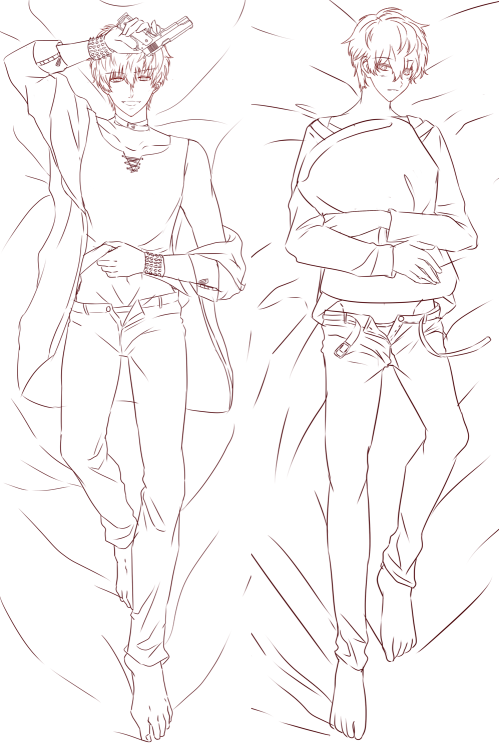 Teaser sketch for Saeran’s new design dakimakura. The front one will be the white-haired *cough*evil