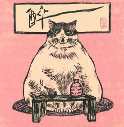 redlipstickresurrected:  Sustai Ulanbaagen (Mongolian-Canadian, based Toronto, ON, Canada) - Drunk Cat  Woodcuts