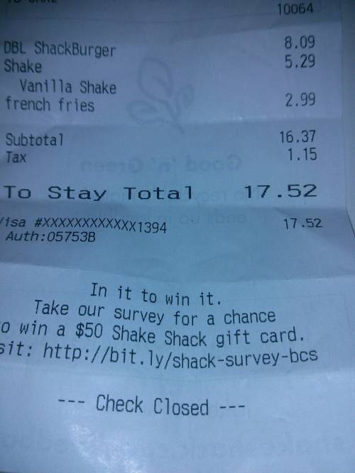 Are you kidding me shake shack? burger, fries, shake