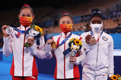 agathacrispies:Tang Xijing and Guan Chenchen of Team China and Simone Biles of Team USA during Women