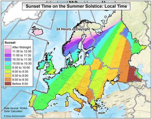 mapsontheweb: Sunset on summer solstice in Europe. Keep reading