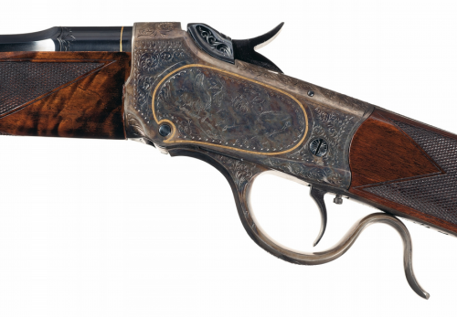 Custom engraved, gold inlaid Winchester Model 1885 Low Wall single shot rifle. Produced circa 1891.S