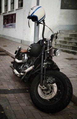 vintagebobber:  Harley Davidson Springer in Stanley Hong Kong Buco helmet by Toys McCoy Japan 