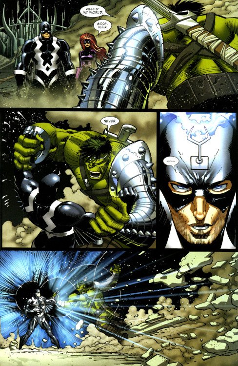 inhumansforever:  slowdeepandnegative:  World War Hulk! Hulk vs Black Bolt   this whole encounter was later retconned to reveal that The Black Bolt that The Hulk fought and defeated was actually a Super Skrull imposter.  All and all I do think The Hulk