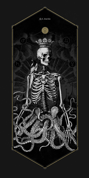 oldladycallowaysghost:  Mimetica’s really beautifully unnerving “Anatomy of Sin”:“fig 1. Luxuria The goat, present throughout history and different cultures, always associated with lust, impurity and sin, crowns a human skeleton in this portrayal