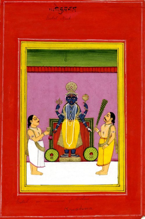 Worship of Vishnu at temple, rajasthani painting