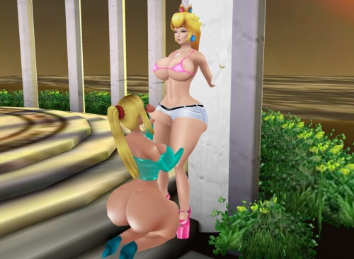 samus came over to visit peach and she was so excited to see her, they went to her outside garden co