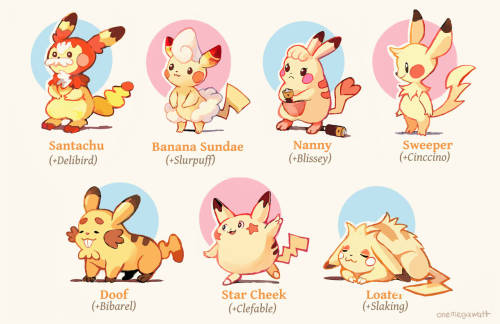 Pikachu crossbreeds I did for my zine awhile back, which is available for purchase here! http://onem