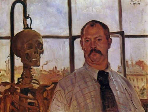 lovis-corinth: Self-portrait with Skeleton, 1896, Lovis Corinth