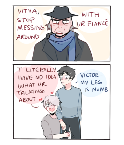 randomsplashes:  randomsplashes: a concept: nothing ever gets done at practice because yakov has to deal with victor being clingy af with his fiance lmao (insp by this post) bonus: it’s been 2 hours and yurio’s so done with it lmao 