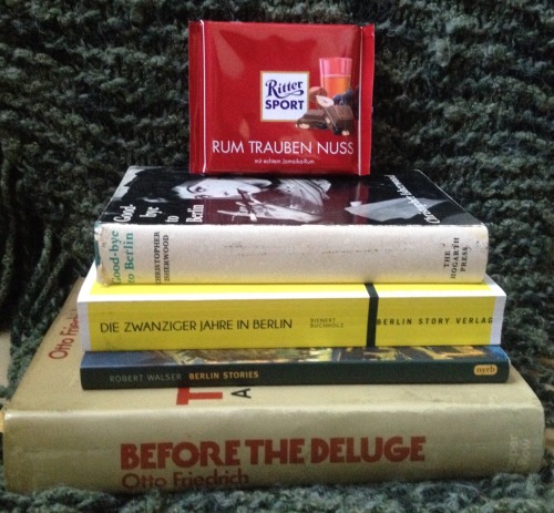 February book photo challenge, day 11: books and candy.My Berlin books with some German chocolate.