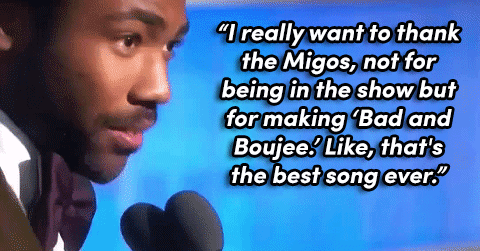 the-movemnt:  Migos’ “Bad and Boujee” just hit No. 1 on the chartsDonald Glover thanked Migos for making “Bad and Boujee” in his Golden Globes speech — a day later the song is skyrocketing.Migos is No. 1 on the pop charts, its very first