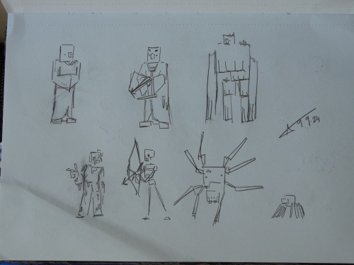 depictions of a variety of minecraft mobs.
from left to right, top to bottom:
villager, pillager, iron golem, zombie, skeleton, spider, cave spider