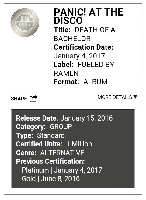 Death of a Bachelor is certified platinum!!!! Via riaa.com