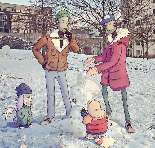 Androids and gnomes building a snowman. [from IG: @creaturesofgothenburg] via ImaginaryTechnology