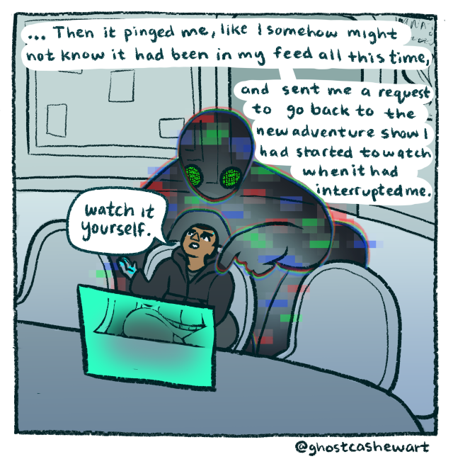 panel 1 of a comic: text reads "Six episodes later, I felt the transport in the feed again, lurking. I ignored it, though it had to know I knew it was there." Secunit sits at a table watching a show while ART, much larger than Secunit, stares at it from the doorway behind it.