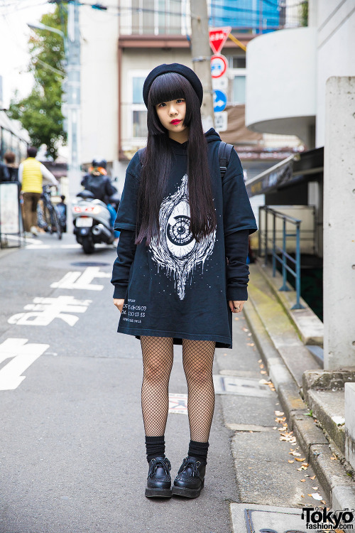 tokyo-fashion:Naho on the street in Harajuku wearing a resale hoodie dress with fishnets, creepers, 