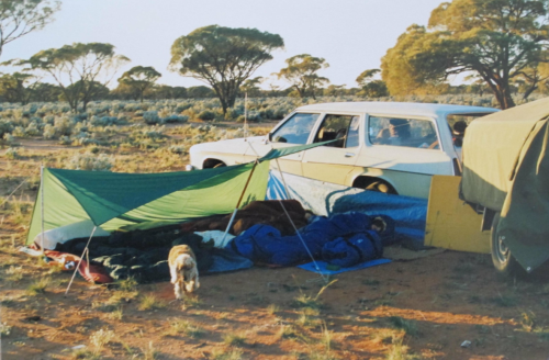 Roadside camp with the HJ Holden station-wagon. Next stop, Ayers Rock.Australia1987