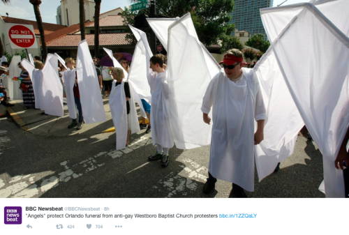 micdotcom:  “Angels” block the Westboro Baptist Church from protesting Orlando victim’s funeralWhen a handful of Westboro Baptist Church members showed up Saturday at the funeral of Orlando shooting victim Christopher Leinonen, counterprotesters