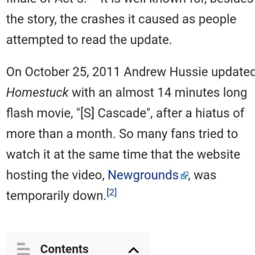 A screenshot from the MSPA wiki. The paragraph shown describes how the flash Cascade was released on October twenty-fifth, 2011, and that Newgrounds had crashed because so many fans tried to watch it at once.