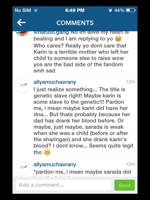 Found this on instagram… I think this allyamuchaerany person have some logic… Yeah, what if Sarada did drank karin’s blood… But then again, it was not confirm that the specimen was karin’s… As you all know, karin