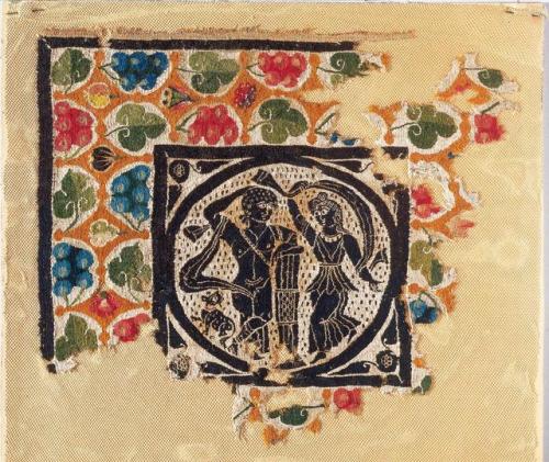 theancientwayoflife:~ Fabric with the Depiction of Dionysus and a Maenad.Place of origin: EgyptDate: