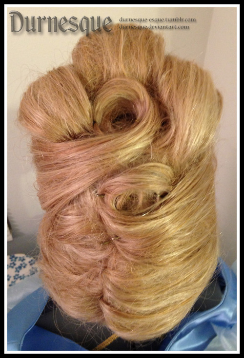 durnesque-esque:  durnesque:  I have been working on restyling Cinderella and Rapunzel wigs for the past two days… I hate them both. They look fine, but I honestly HATE working with wigs. Give me real hair any day of the week.  Going to add flowers