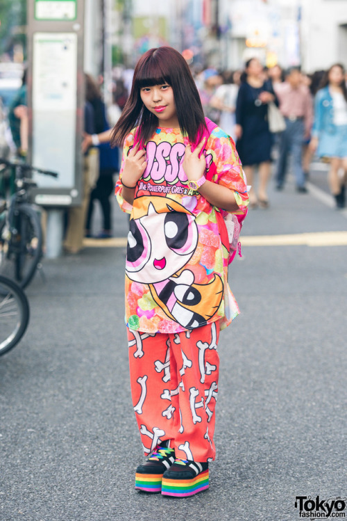 19-year-old Sakichas on the street in Harajuku wearing an oversized PowerPuff Girls x ACDC Rag t-shi