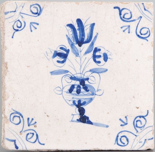 Nice Dutch Delft Blue tile, flowerpot, 17th. century. ebay royaldelftblue