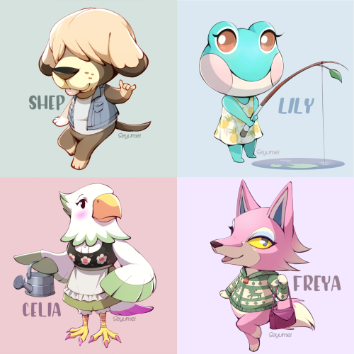 Drew some portraits of all my animal crossing villagers! :D + some group photos of them in game!