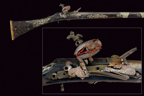 A miquelet moukala musket originating from Algeria, 19th century.