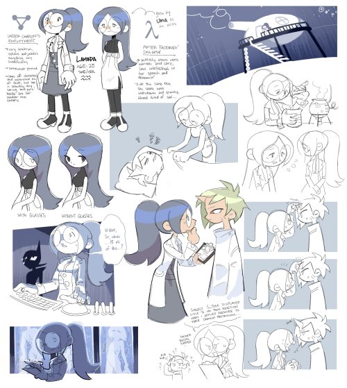 my OC, Lambda, a tragic scientist ;W; ft. my friend juno99yk ‘s OC S_Tomi ;u; more sketches + comic 