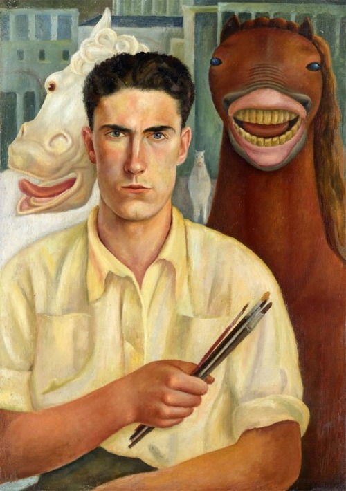 iamoutofideas:kundst:Mateo Pedrali (It. 1913-1980)Zelf portrait with laughing horses (1935)this is t