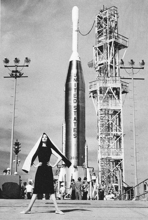 historicaltimes:1959: Super-model Dovima posing with an Atlas-Able rocket at Cape Canaveral, photo b