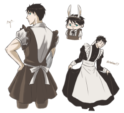 paradigmation:  rin being the amazing best friend he isdecided that his best friend also needed to suffer the maid outfitexcept sousuke looks picture perfect in ithe looks good in anything rin i thought you knew this by now
