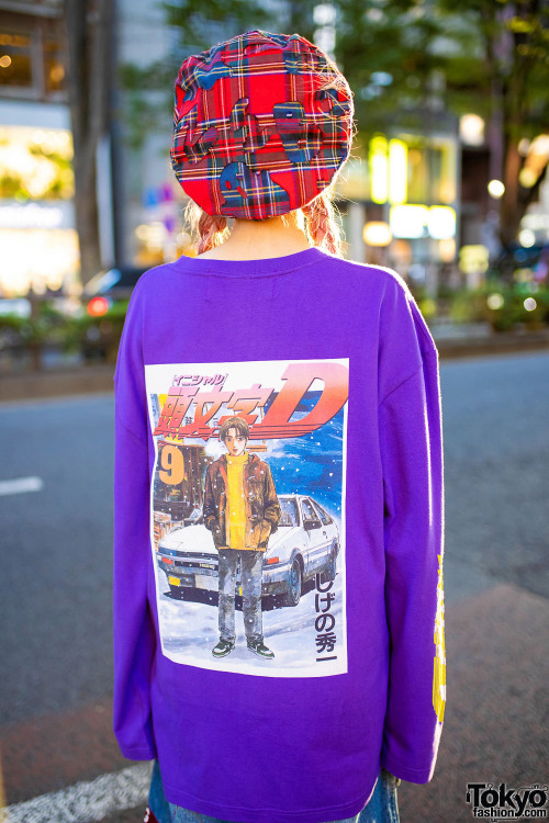 Hiyori on the street in Harajuku wearing a HEIHEI Harajuku x Initial D long sleeve shirt with a HEIH