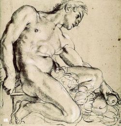 Naked man with fruits between his legs. Annibale