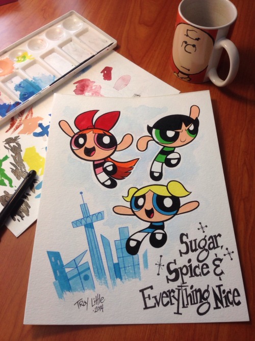 meanwhilestudios:  Just finished a Powerpuff Girls commissioned piece! I decided to bust out my gouache set (never been used!) and try my hand with that for the colouring. I’m no Becky Dreistadt or Steph Buscema by a long shot but I guess it turned