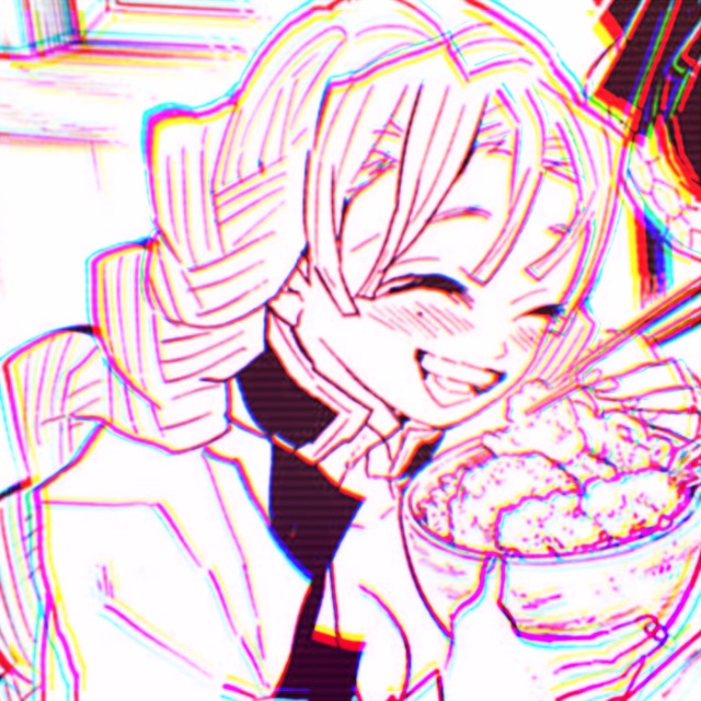 an icon of mitsuri from demon slayer manga. it has a pink overlay. she sits with a bowl of food, chopsticks in hand and a huge grin.