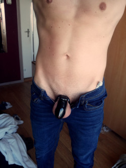 gayboykink:  One horny boy in tight jeans, without underwear, wearing a chastity device in public…. what could possibly go wrong? Nothing. Exactly. *zips up* 